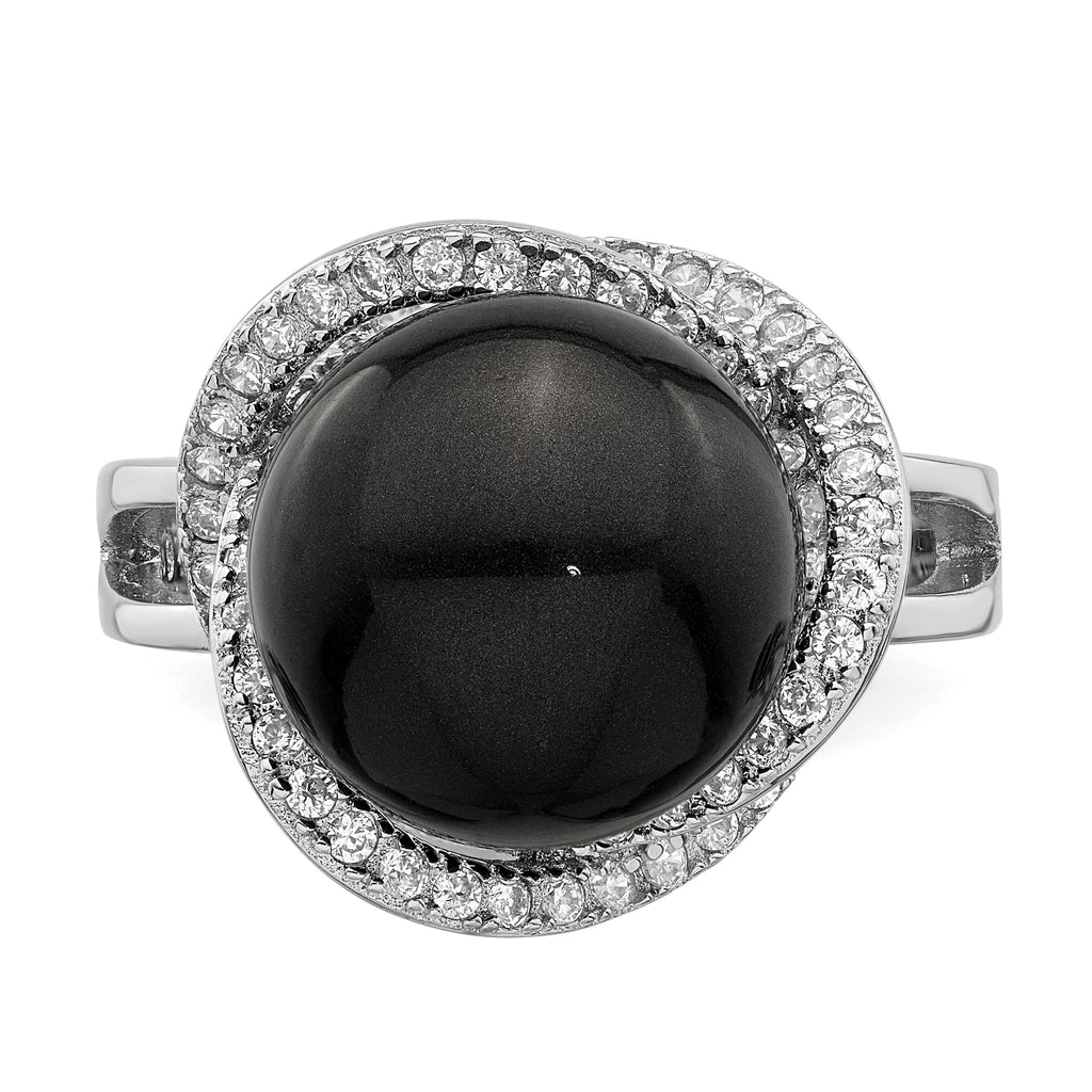 Majestik Sterling Silver Rhodium-plated 12-13mm Black Imitation Shell Pearl and CZ Ring