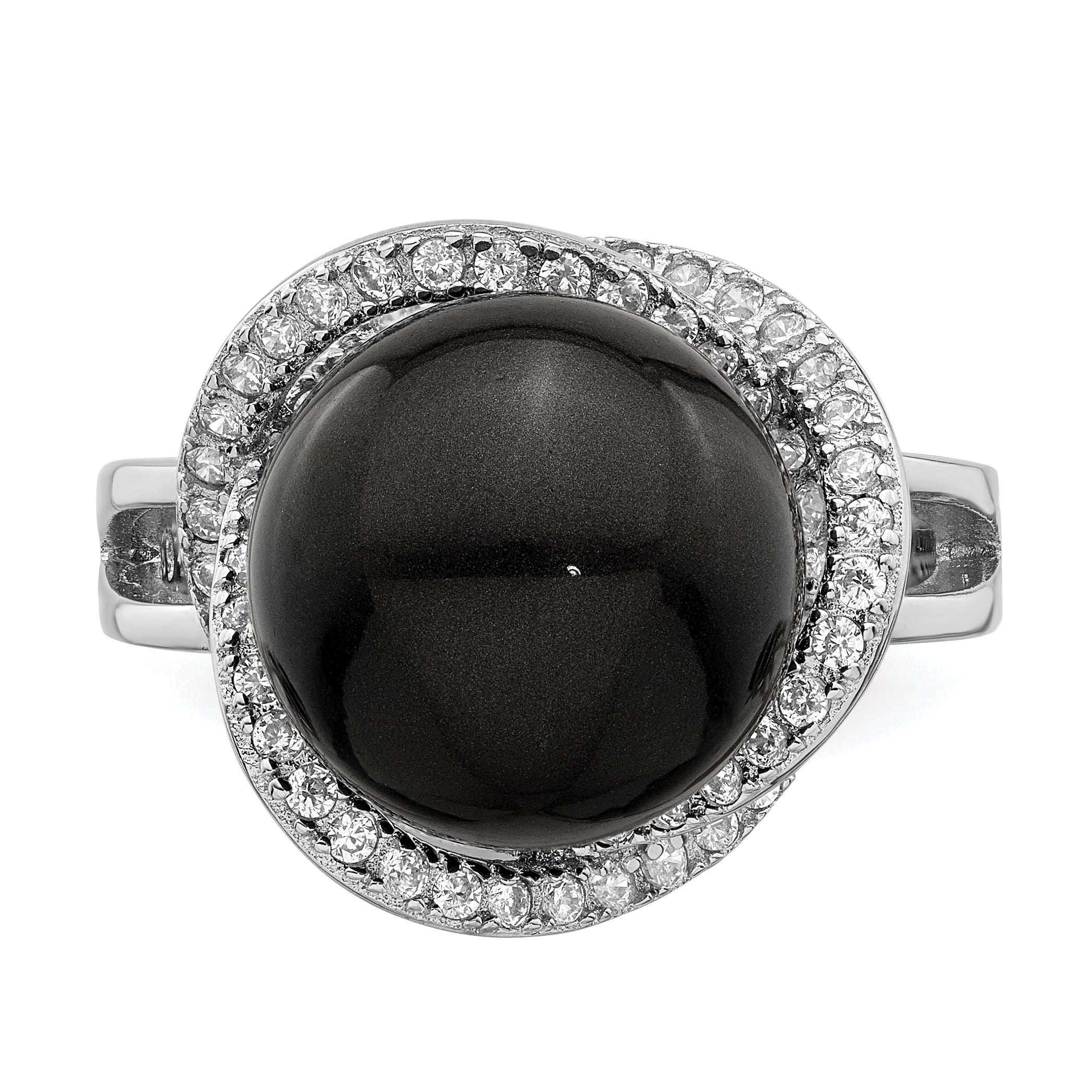 Majestik Sterling Silver Rhodium-plated 12-13mm Black Imitation Shell Pearl and CZ Ring