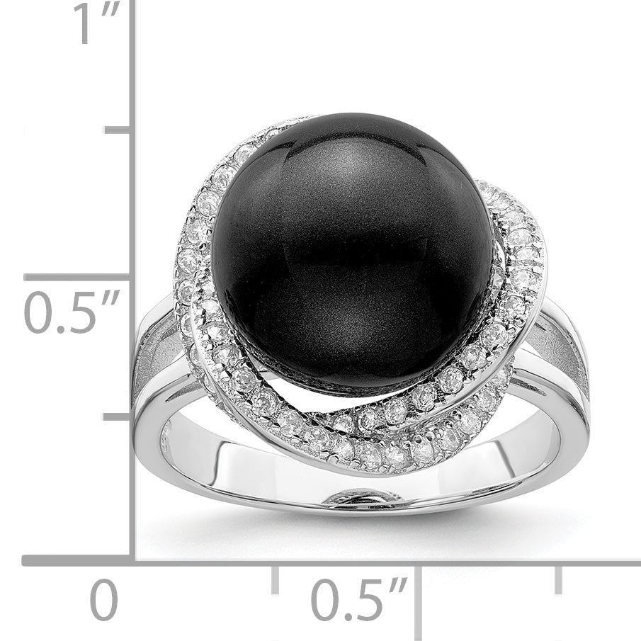 Majestik Sterling Silver Rhodium-plated 12-13mm Black Imitation Shell Pearl and CZ Ring