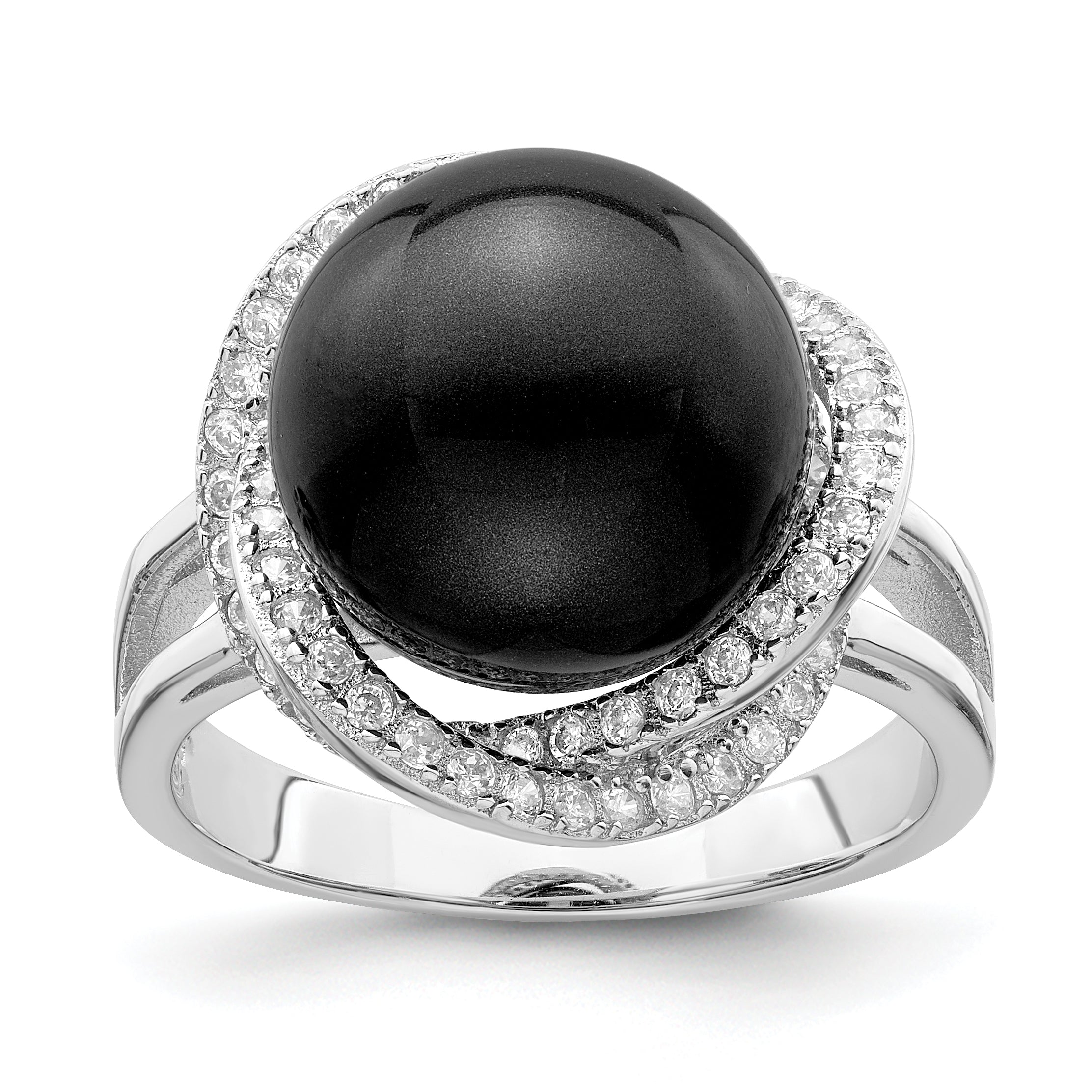 Majestik Sterling Silver Rhodium-plated 12-13mm Black Imitation Shell Pearl and CZ Ring Main image