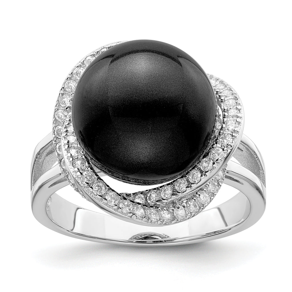 Majestik Sterling Silver Rhodium-plated 12-13mm Black Imitation Shell Pearl and CZ Ring
