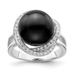 Majestik Sterling Silver Rhodium-plated 12-13mm Black Imitation Shell Pearl and CZ Ring