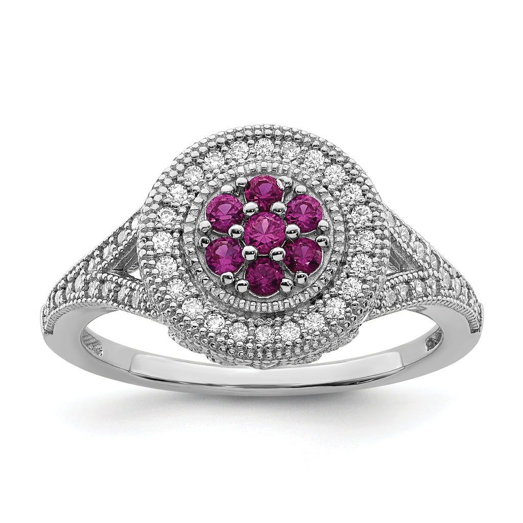 Brilliant Embers Sterling Silver Rhodium-plated 86 Stone Micro Pave Red and White CZ Circle Ring