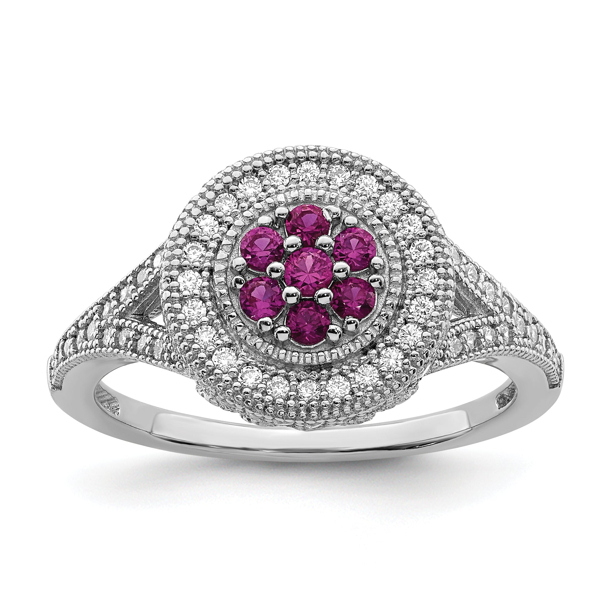 Brilliant Embers Sterling Silver Rhodium-plated 86 Stone Micro Pave Red and White CZ Circle Ring