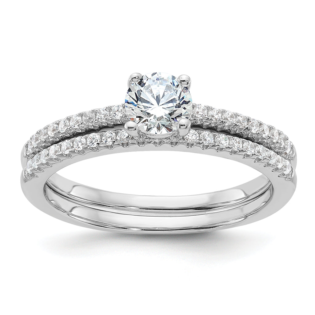 Brilliant Embers Sterling Silver Rhodium-plated 40 Stone Micro Pave CZ 2 Piece Wedding Ring Set