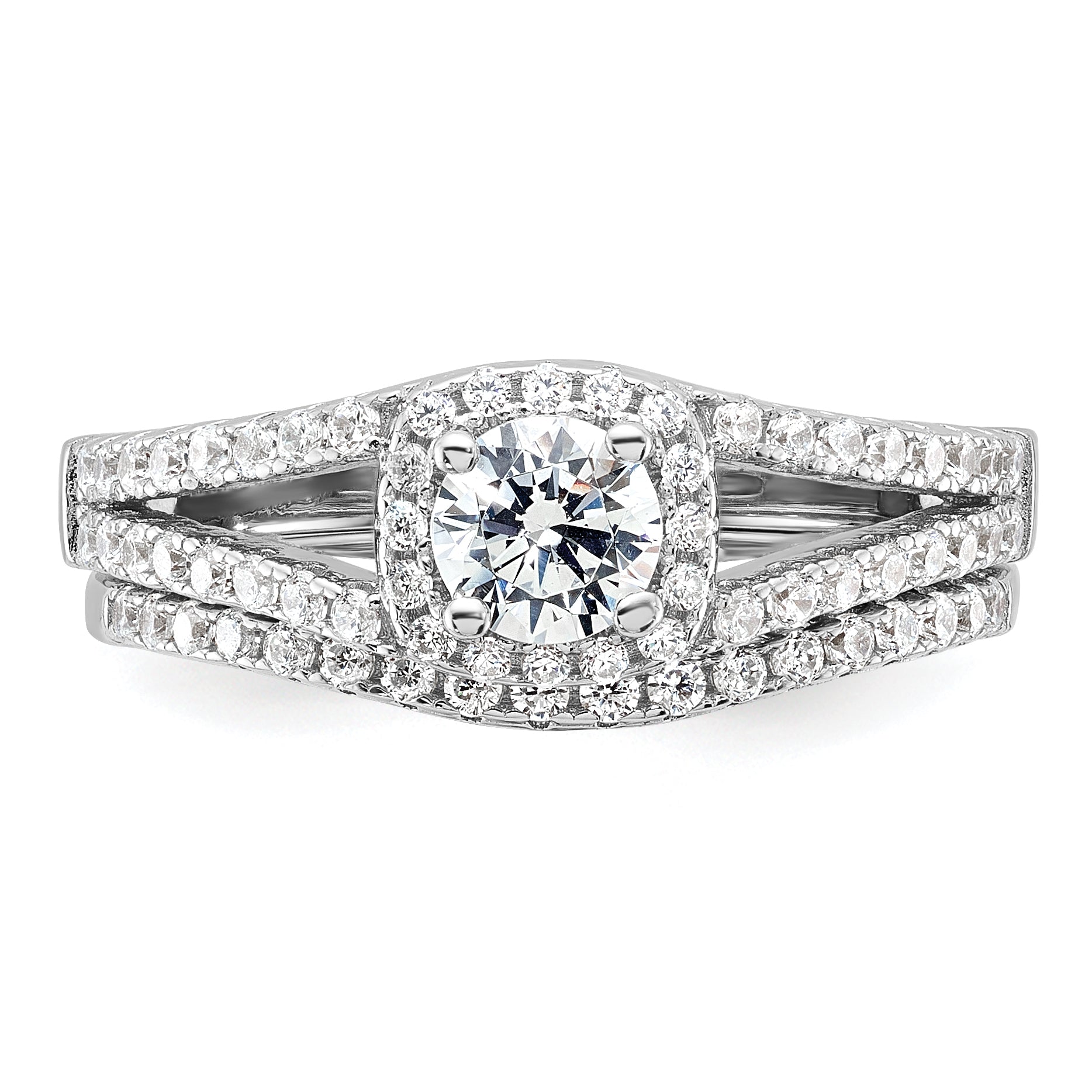 Brilliant Embers Sterling Silver Rhodium-plated 67 Stone Micro Pave CZ 2 Piece Wedding Ring Set