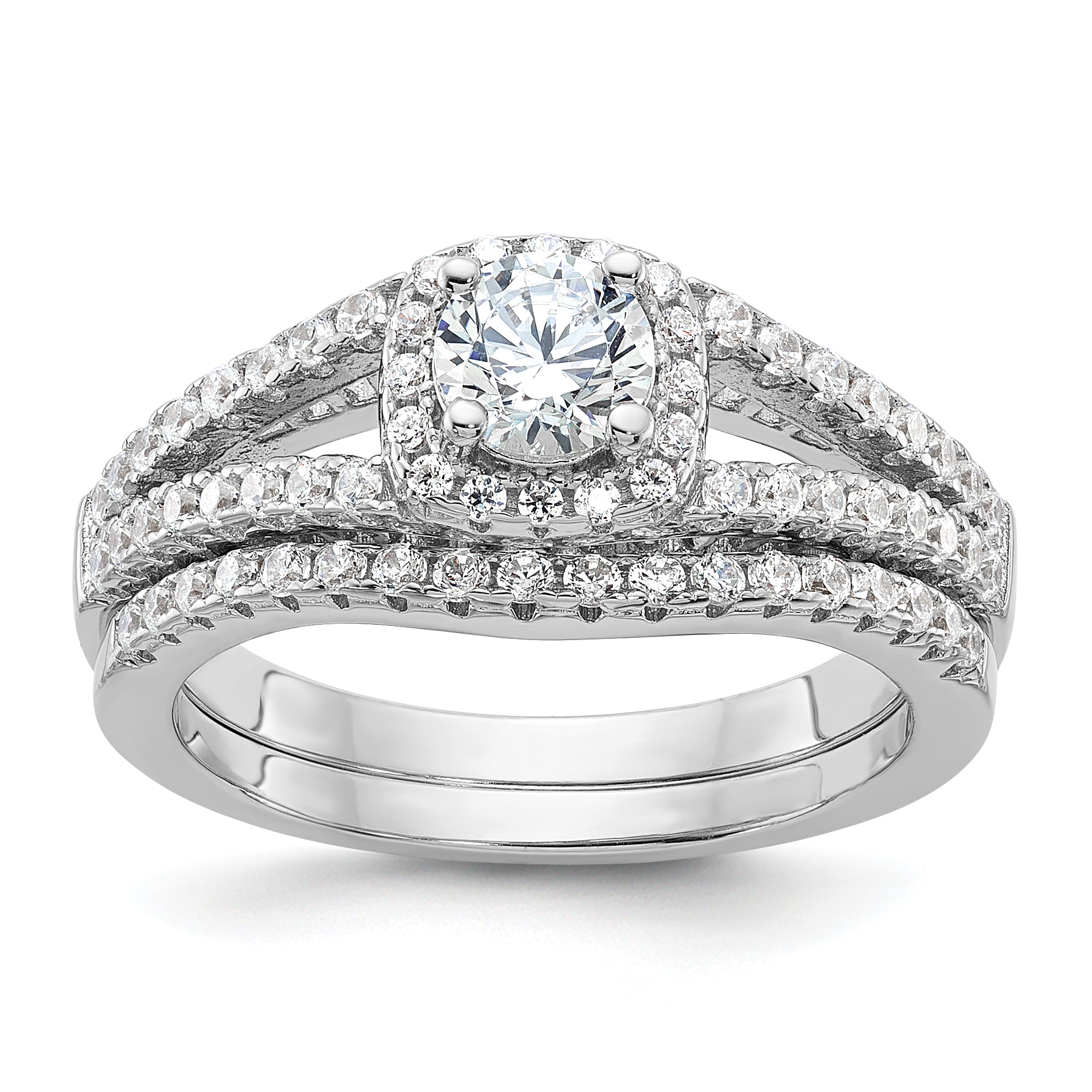 Brilliant Embers Sterling Silver Rhodium-plated 67 Stone Micro Pav‚ CZ 2 Piece Wedding Ring Set