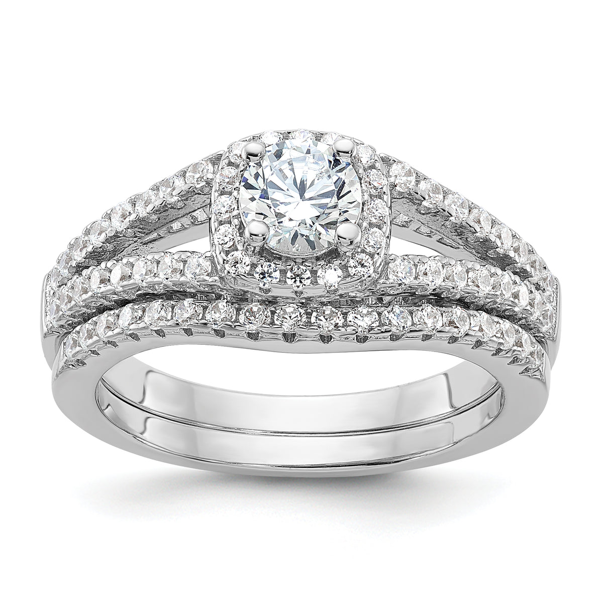 Brilliant Embers Sterling Silver Rhodium-plated 67 Stone Micro Pav‚ CZ 2 Piece Wedding Ring Set