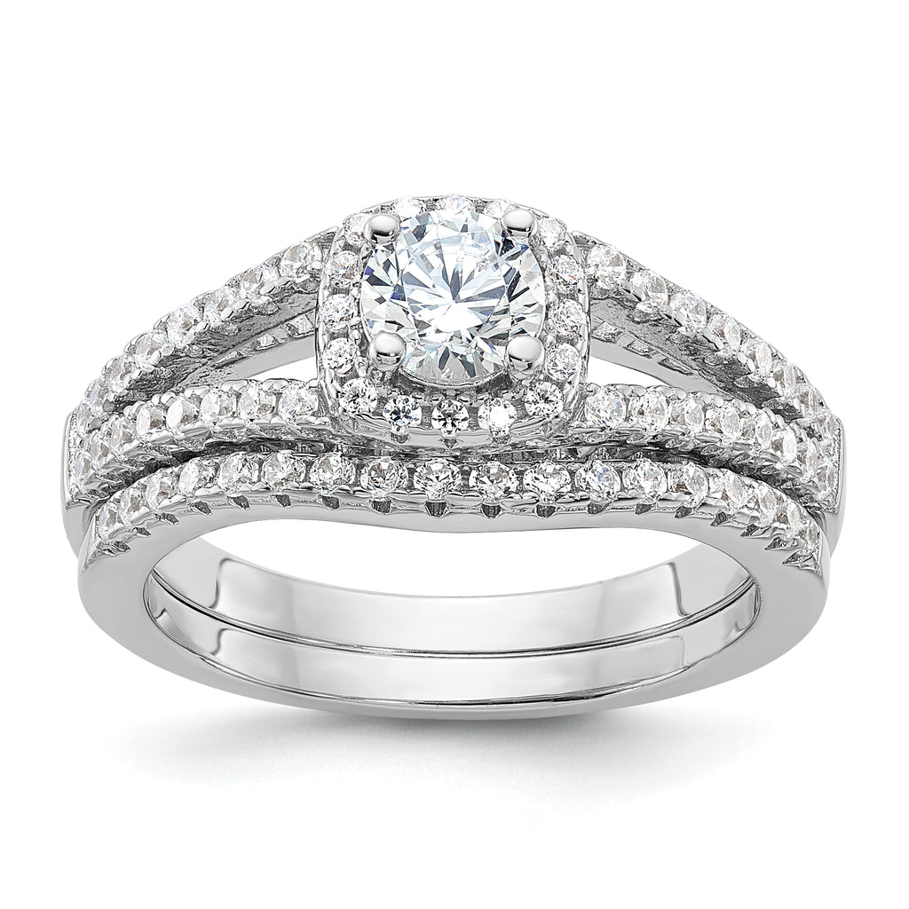 Brilliant Embers Sterling Silver Rhodium-plated 67 Stone Micro Pave CZ 2 Piece Wedding Ring Set