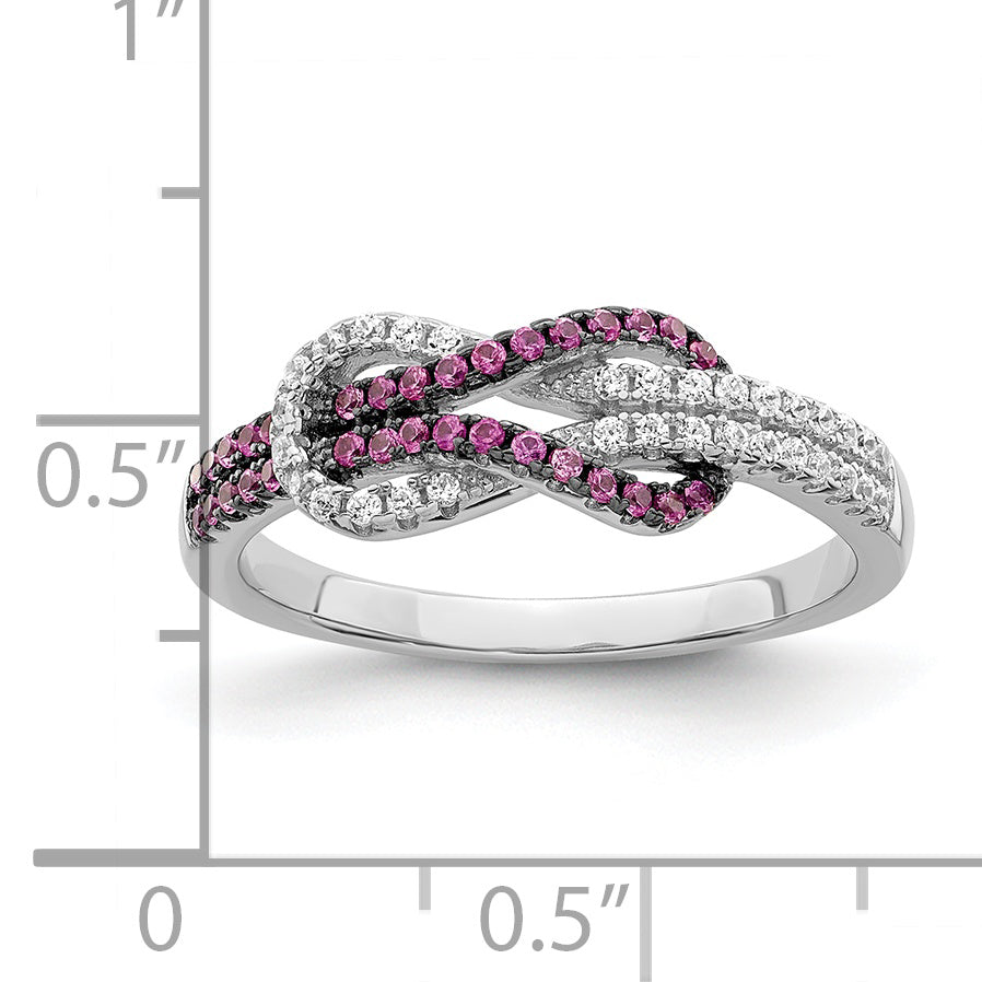 Brilliant Embers Sterling Silver Rhodium-plated 64 Stone Micro Pav‚ Red and White CZ Love Knot Ring