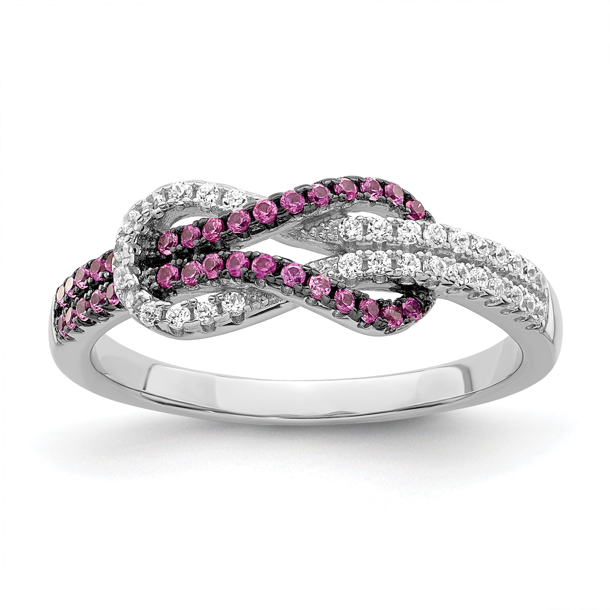 Brilliant Embers Sterling Silver Rhodium-plated 64 Stone Micro Pav‚ Red and White CZ Love Knot Ring Main image