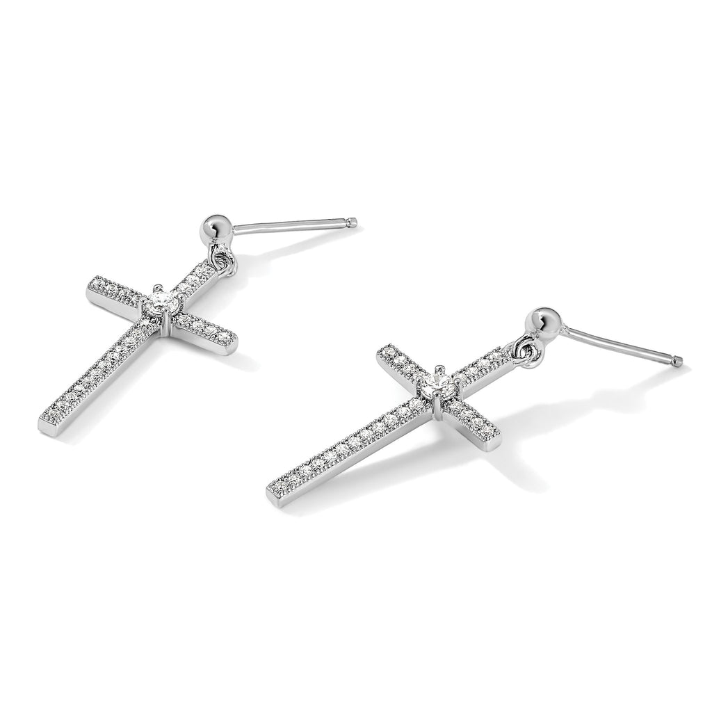 Cubic Zirconia Cross Dangle Earrings in Sterling Silver, 13mm - Sophia Jewelers