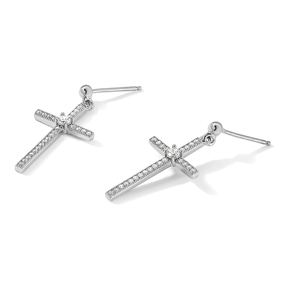 Cubic Zirconia Cross Dangle Earrings in Sterling Silver, 13mm - Sophia Jewelers