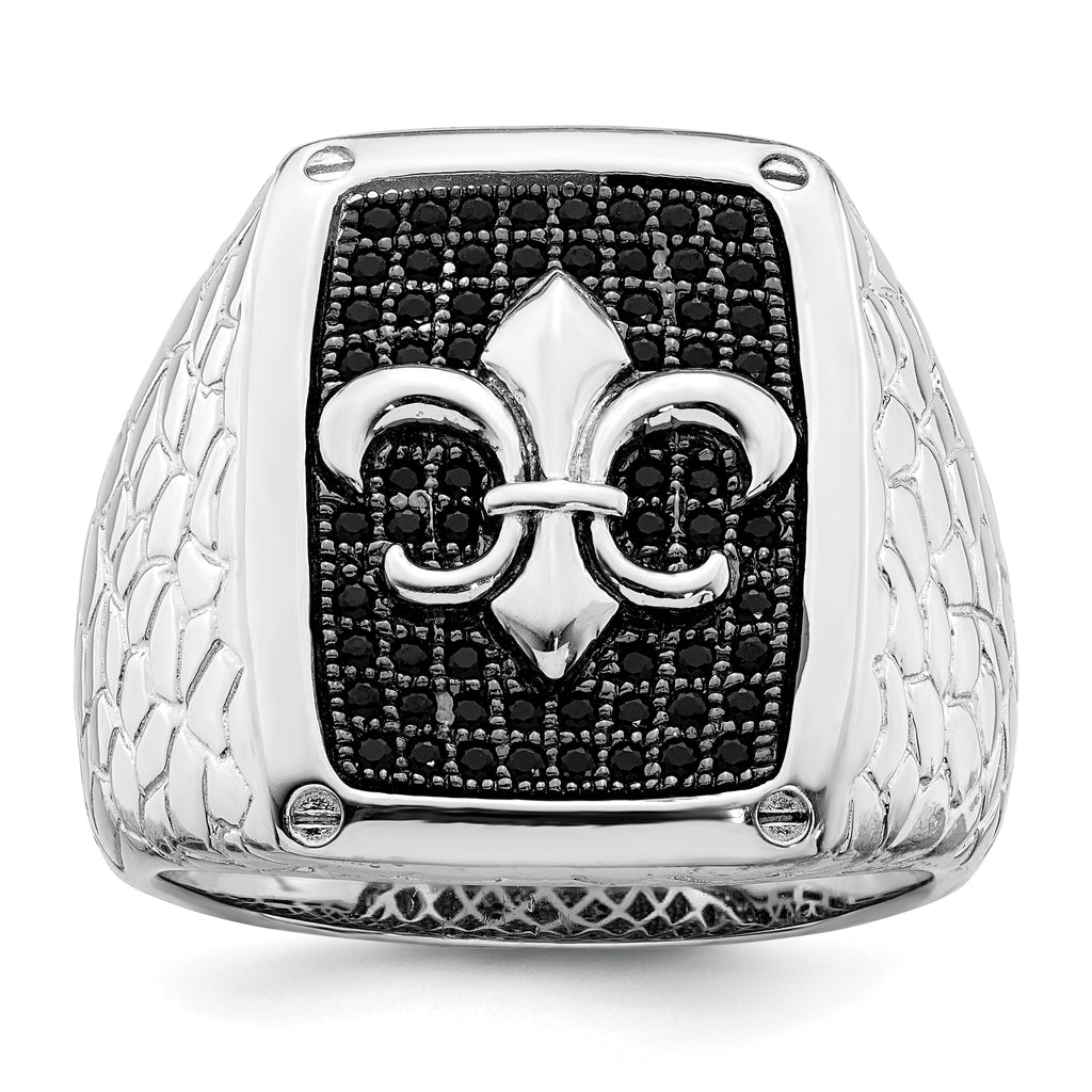 Brilliant Embers Sterling Silver Rhodium-plated 62 Stone Black Micro Pave CZ Fleur De Lis Men's Ring