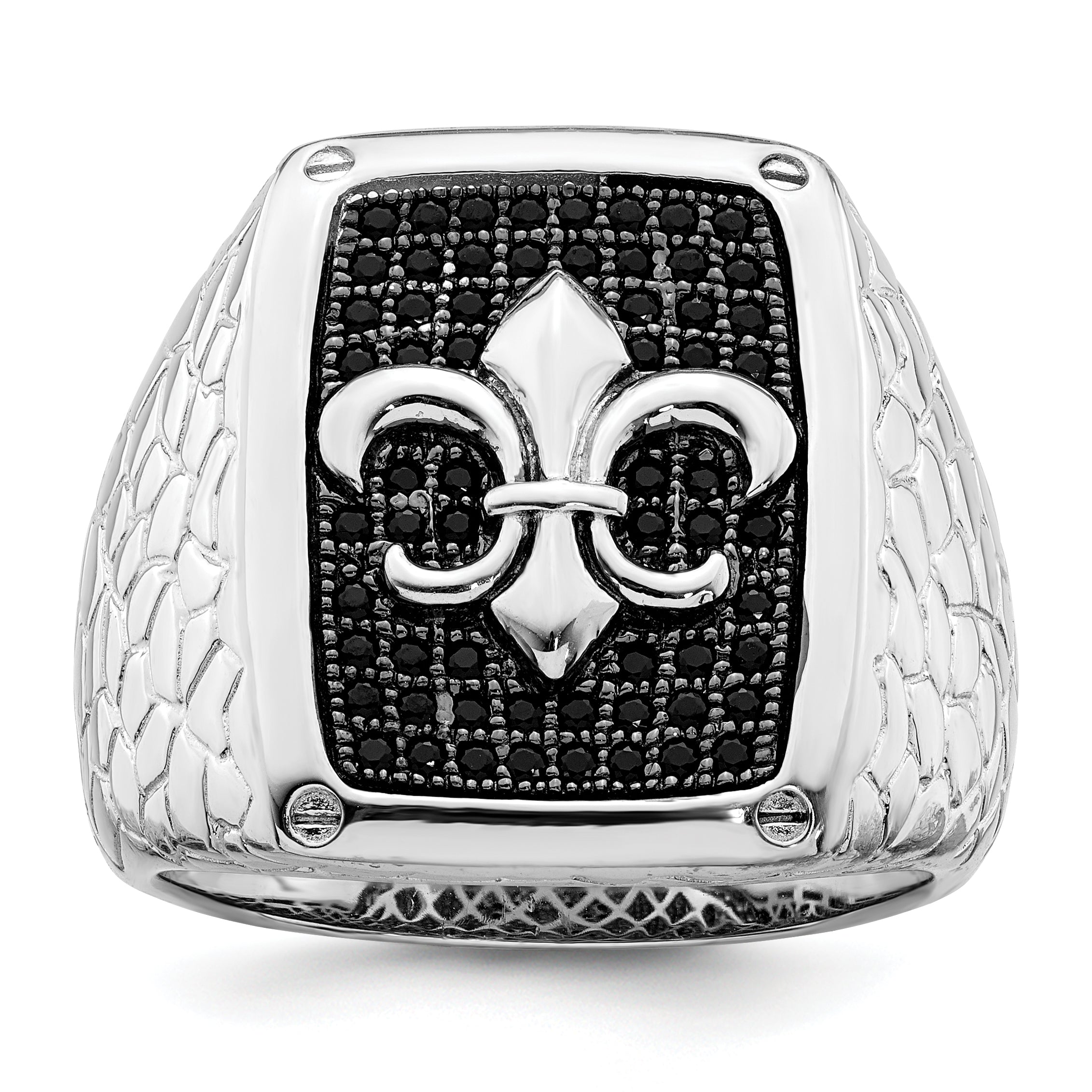 Brilliant Embers Sterling Silver Rhodium-plated 62 Stone Black Micro Pave CZ Fleur De Lis Men's Ring