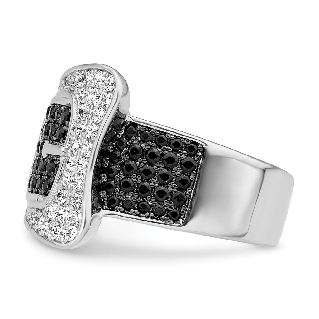 Brilliant Embers Sterling Silver Rhodium-plated 109 Stone Micro Pave Black and White CZ Buckle Ring