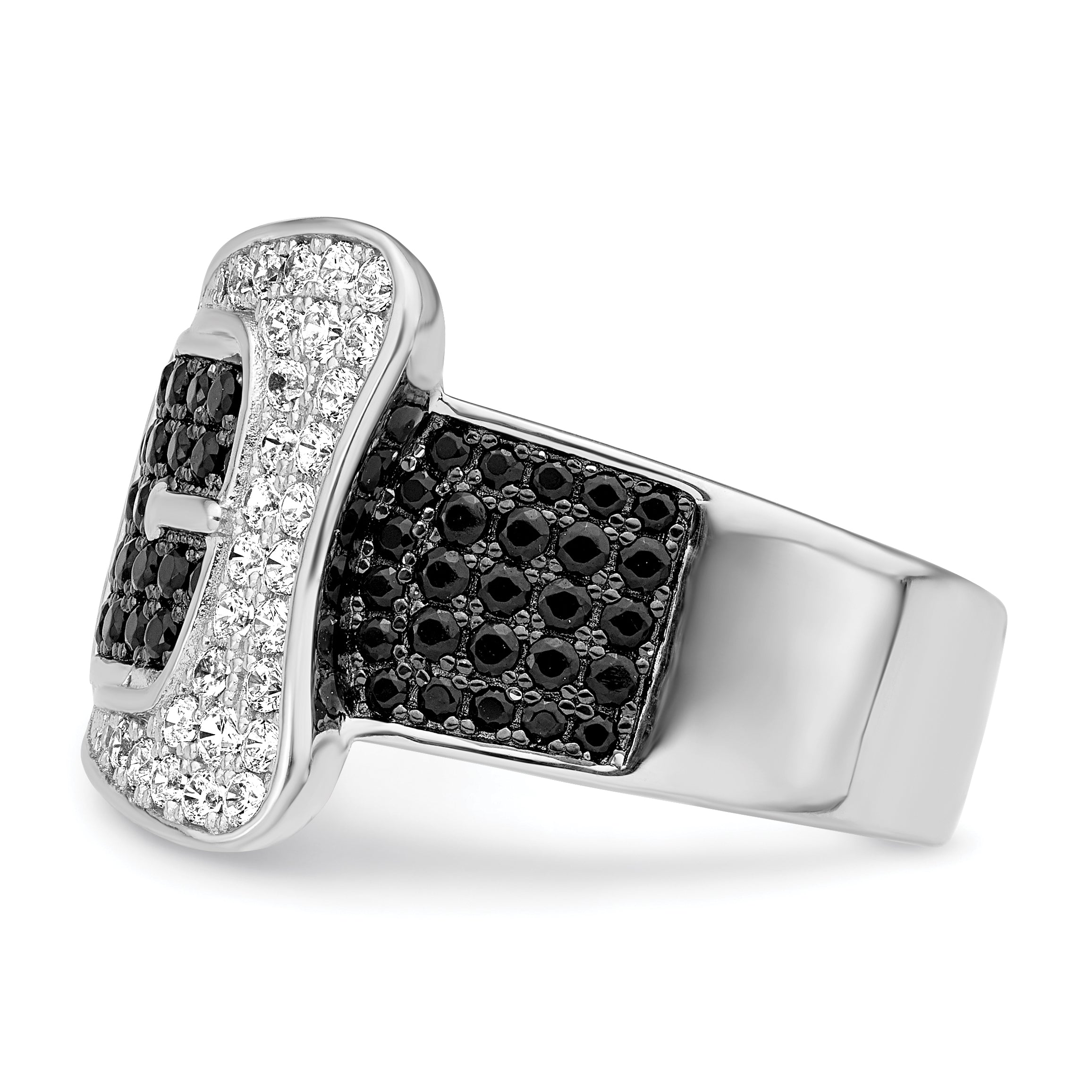 Brilliant Embers Sterling Silver Rhodium-plated 109 Stone Micro Pave Black and White CZ Buckle Ring