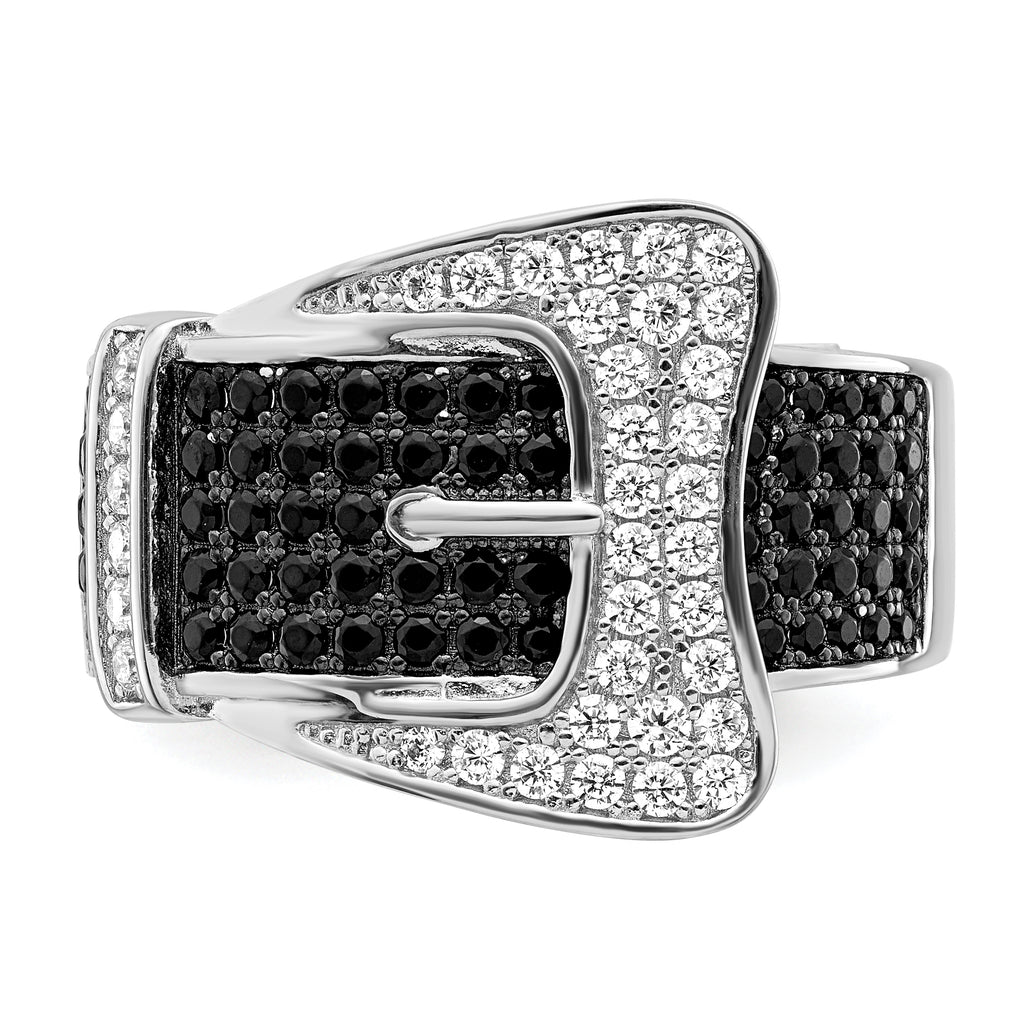 Brilliant Embers Sterling Silver Rhodium-plated 109 Stone Micro Pave Black and White CZ Buckle Ring