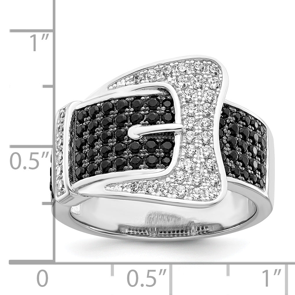 Brilliant Embers Sterling Silver Rhodium-plated 109 Stone Micro Pave Black and White CZ Buckle Ring