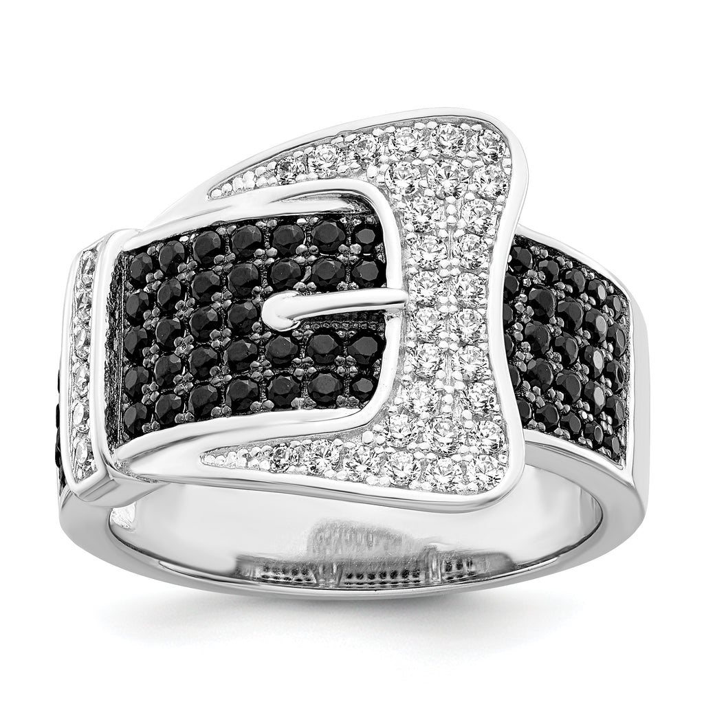 Brilliant Embers Sterling Silver Rhodium-plated 109 Stone Micro Pave Black and White CZ Buckle Ring