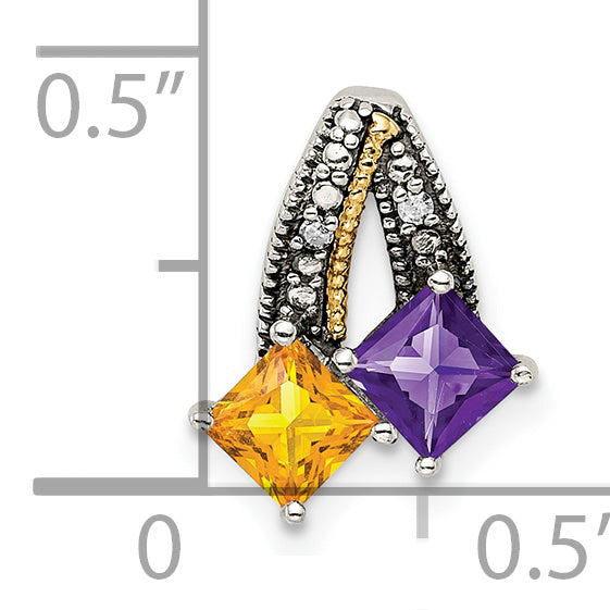 Sterling Silver Antiqued w/14k 2-stone w/Diamond Mother's Pendant