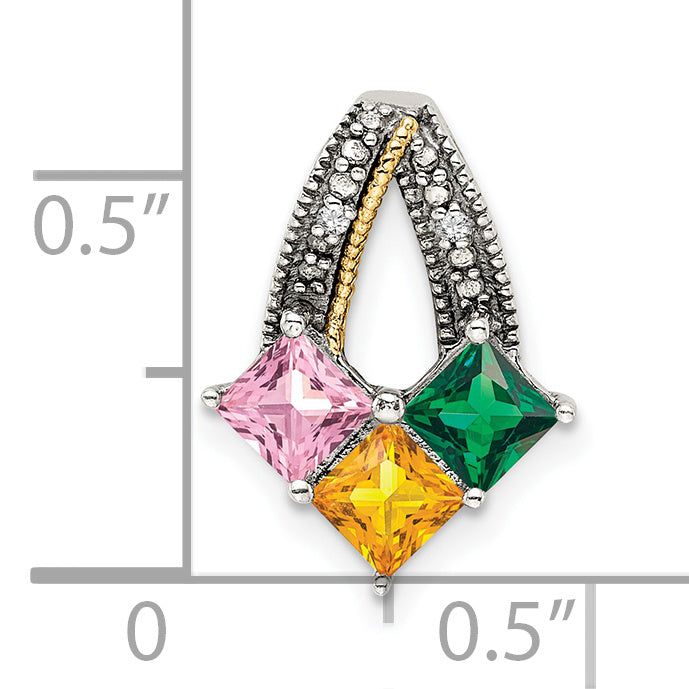 Sterling Silver Antiqued w/14k 3-stone w/Diamond Mother's Pendant