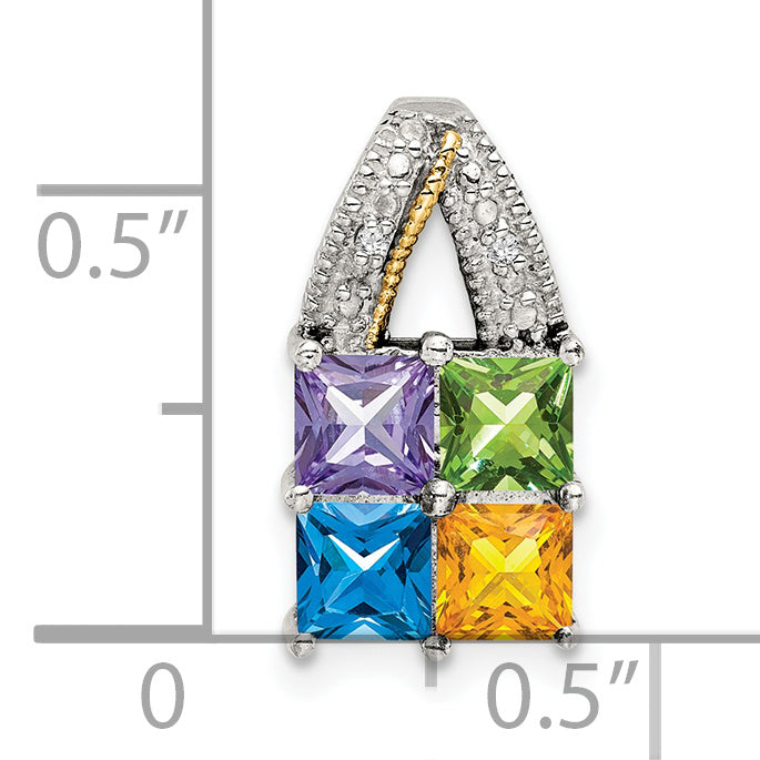 Sterling Silver Antiqued w/14k 4-stone w/Diamond Mother's Pendant