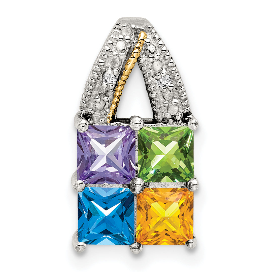 Sterling Silver Antiqued w/14k 4-stone w/Diamond Mother's Pendant