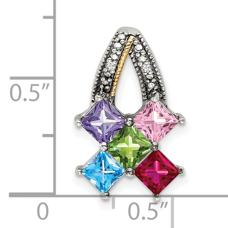 Sterling Silver Antiqued w/14k 5-stone w/Diamond Mother's Pendant