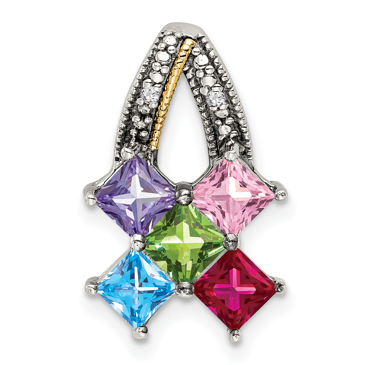 Sterling Silver Antiqued w/14k 5-stone w/Diamond Mother's Pendant