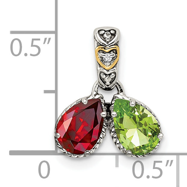 Sterling Silver Antiqued w/14k 2-stone w/Diamond Mother's Pendant