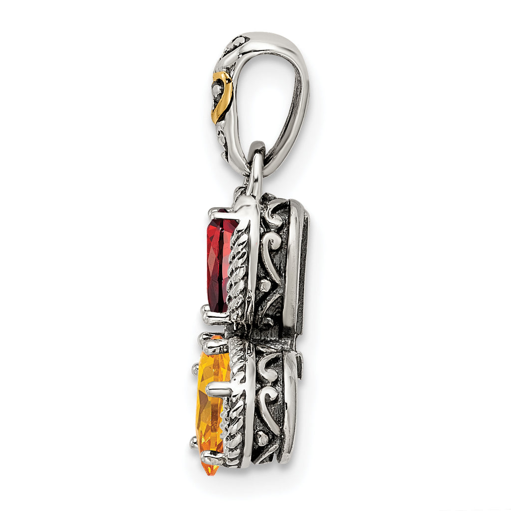 Sterling Silver Antiqued w/14k 3-stone w/Diamond Mother's Pendant