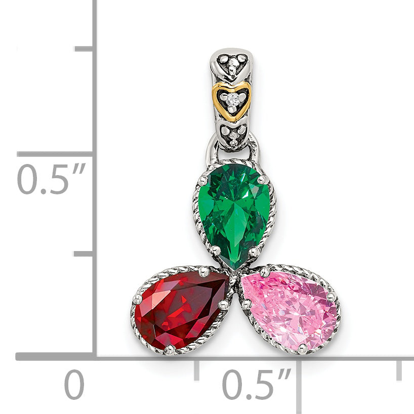 Sterling Silver Antiqued w/14k 3-stone w/Diamond Mother's Pendant