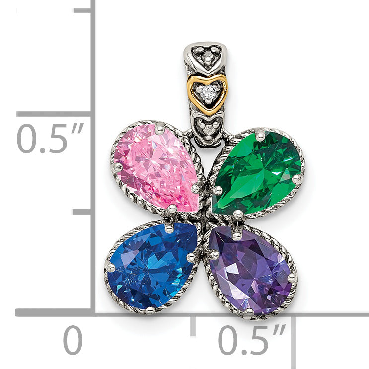 Sterling Silver Antiqued w/14k 4-stone w/Diamond Mother's Pendant