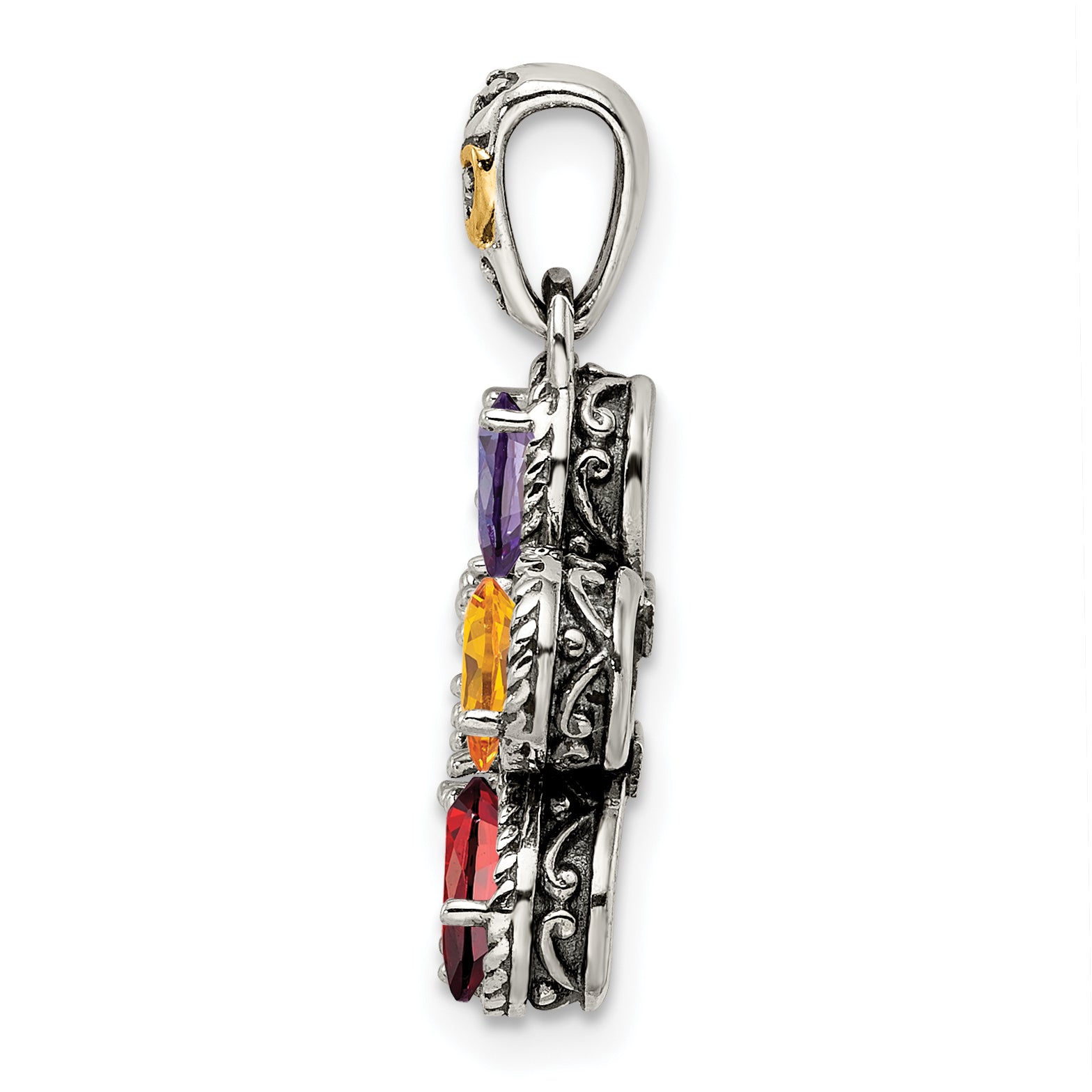 Sterling Silver Antiqued w/14k 5-stone w/Diamond Mother's Pendant