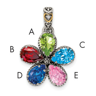 Sterling Silver Antiqued w/14k 5-stone w/Diamond Mother's Pendant