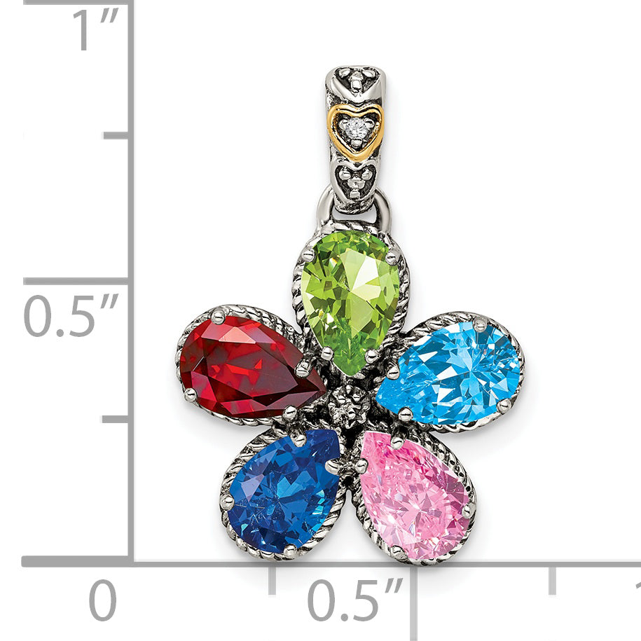 Sterling Silver Antiqued w/14k 5-stone w/Diamond Mother's Pendant