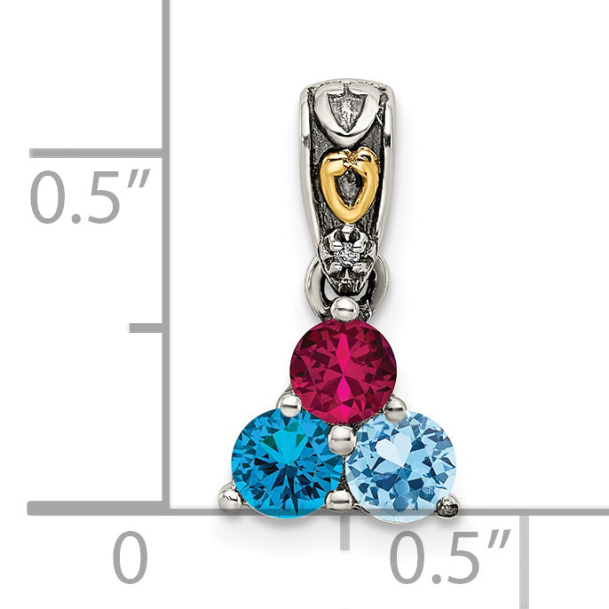 Sterling Silver Antiqued w/14k 3-stone w/Diamond Mother's Pendant