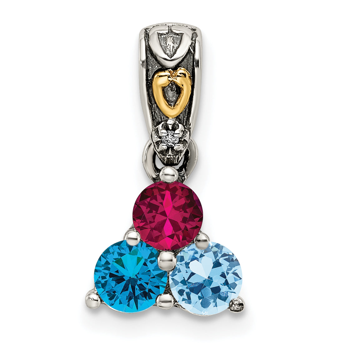 Sterling Silver Antiqued w/14k 3-stone w/Diamond Mother's Pendant