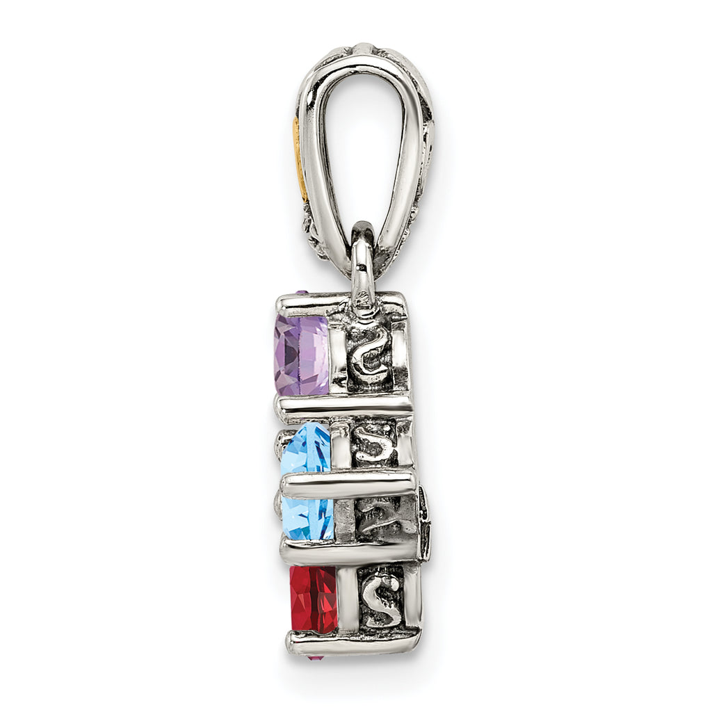 Sterling Silver Antiqued w/14k 4-stone w/Diamond Mother's Pendant