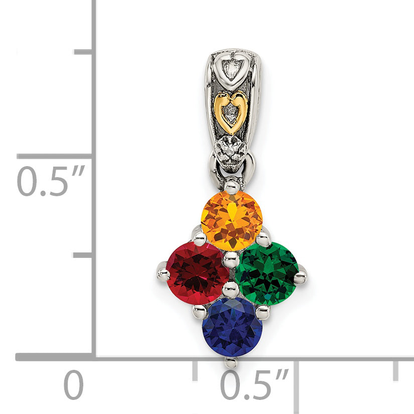 Sterling Silver Antiqued w/14k 4-stone w/Diamond Mother's Pendant