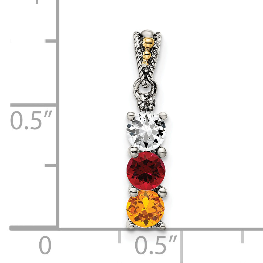 Sterling Silver Antiqued w/14k 3-stone w/Diamond Mother's Pendant
