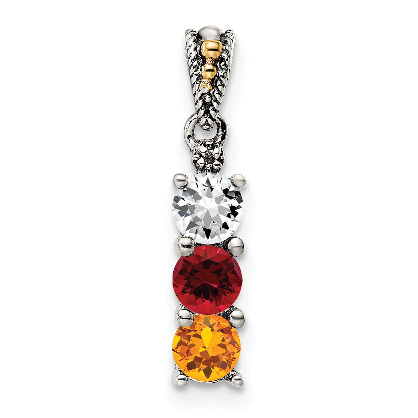Sterling Silver Antiqued w/14k 3-stone w/Diamond Mother's Pendant Secondary image