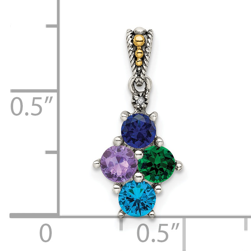 Sterling Silver Antiqued w/14k 4-stone w/Diamond Mothers Pendant Semi-Mount