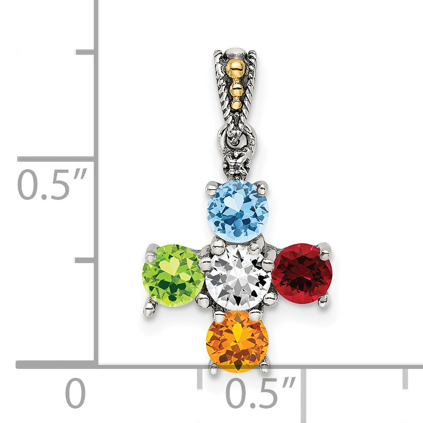 Sterling Silver Antiqued w/14k 5-stone w/Diamond Mother's Pendant