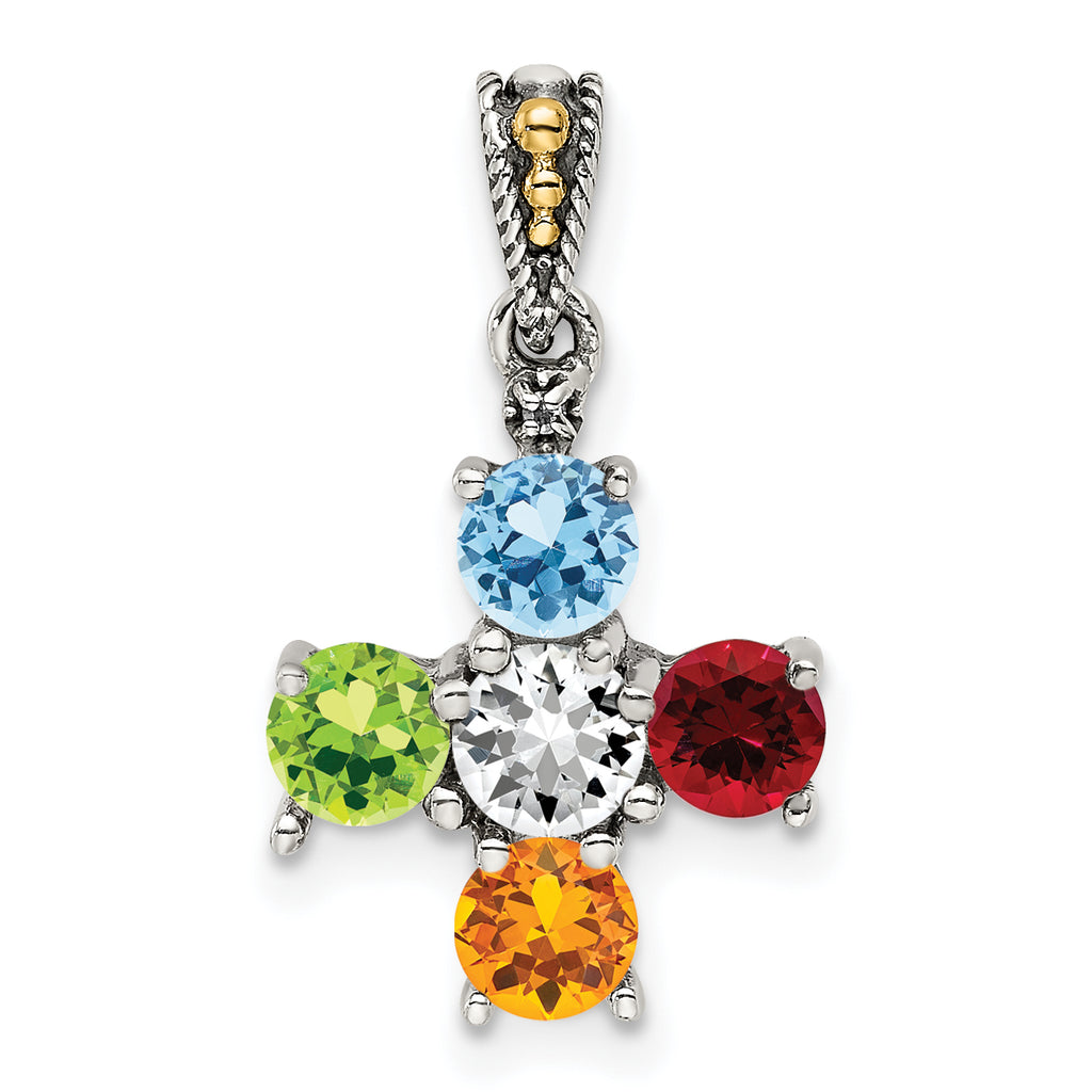 Sterling Silver Antiqued w/14k 5-stone w/Diamond Mother's Pendant
