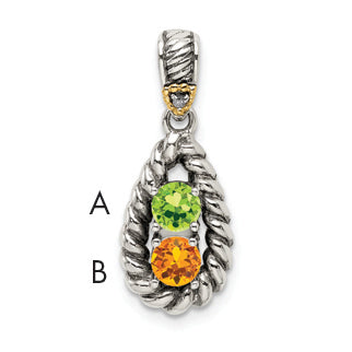 Sterling Silver Antiqued w/14k 2-stone w/Diamond Mother's Pendant
