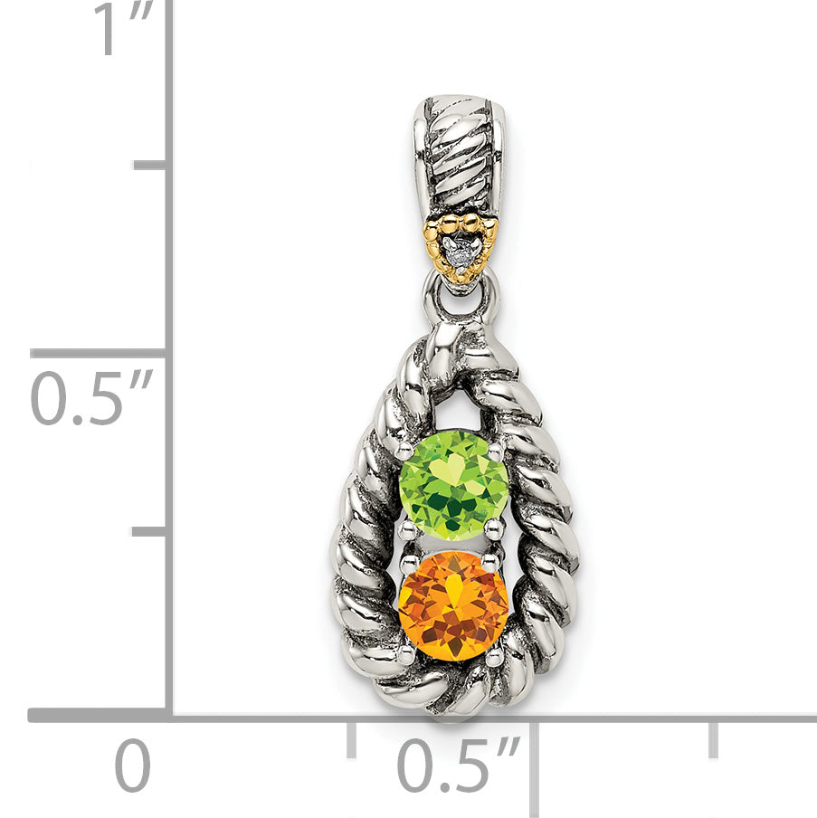 Sterling Silver Antiqued w/14k 2-stone w/Diamond Mother's Pendant