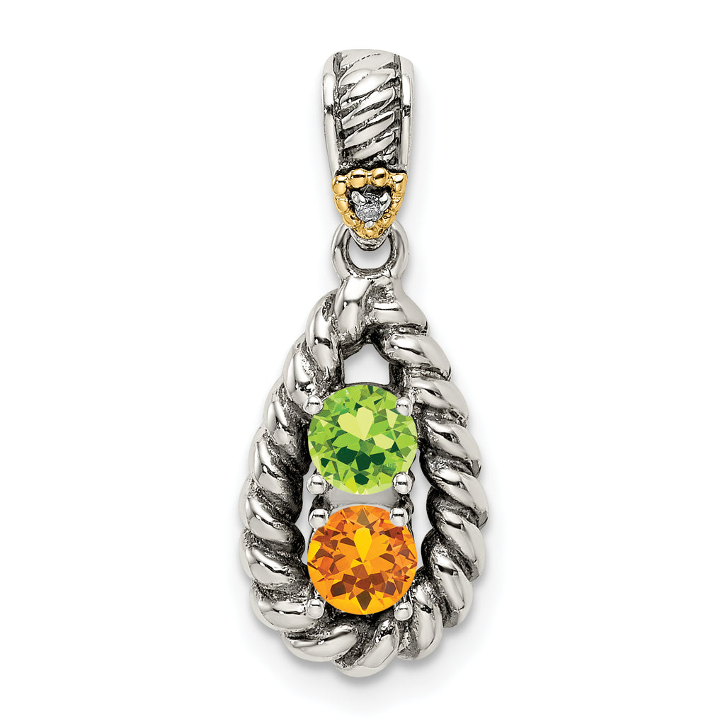 Sterling Silver Antiqued w/14k 2-stone w/Diamond Mother's Pendant