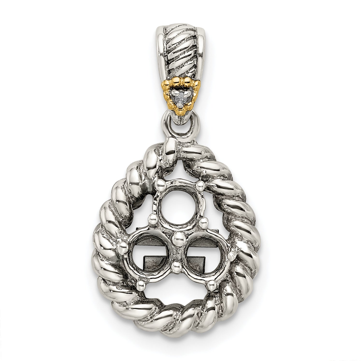 Sterling Silver Antiqued w/14k 3-stone w/Diamond Mother's Pendant